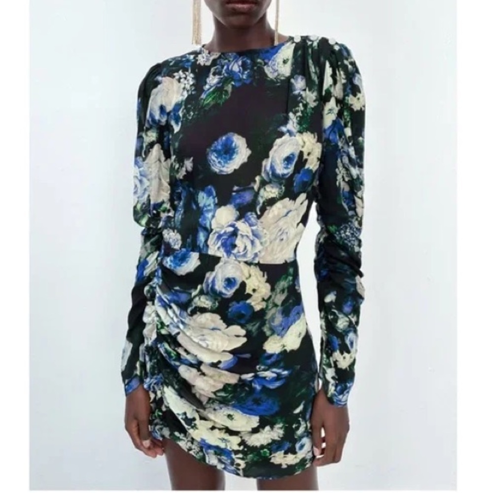 New Zara Floral Mini Dress - Black and Blue
